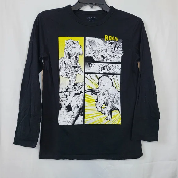 Children's Place Boys Black White Dino Comic Graphic‎ Long Sleeve Tee Sz L 10/12