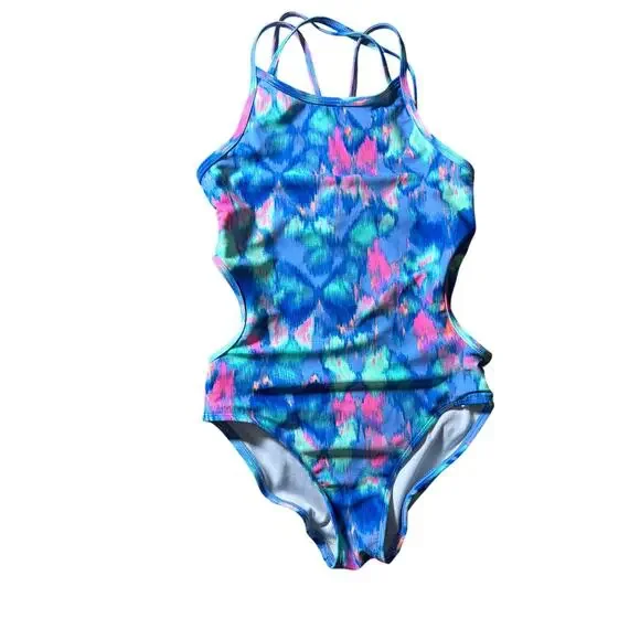 The Children’s Place Girls One Piece Swimsuit Blue Multicolor Size L 10/12