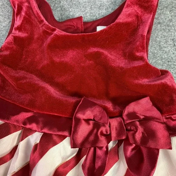 The Childrens Place‎ Red Velvet Bow Candy Cane Stripe Dress Baby Toddler 9 12M