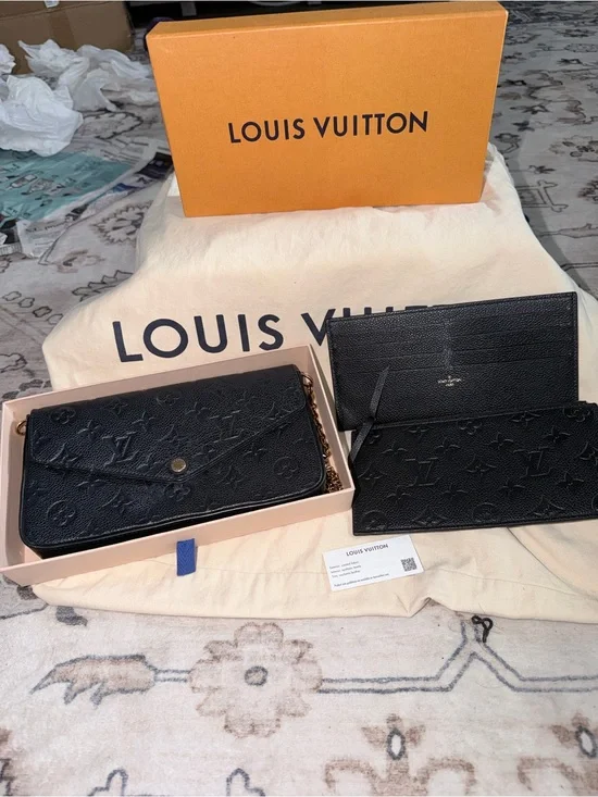Louis Vuitton Black Embossed Monogram Wallet & Card Holder crossbody Felicia.