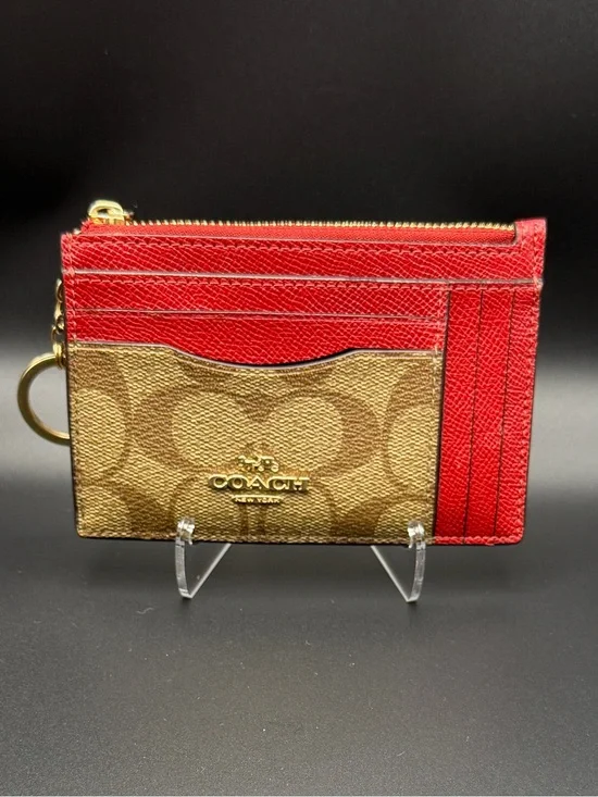 Coach Brown Signature Canvas Card Holder with Red Leather Trim