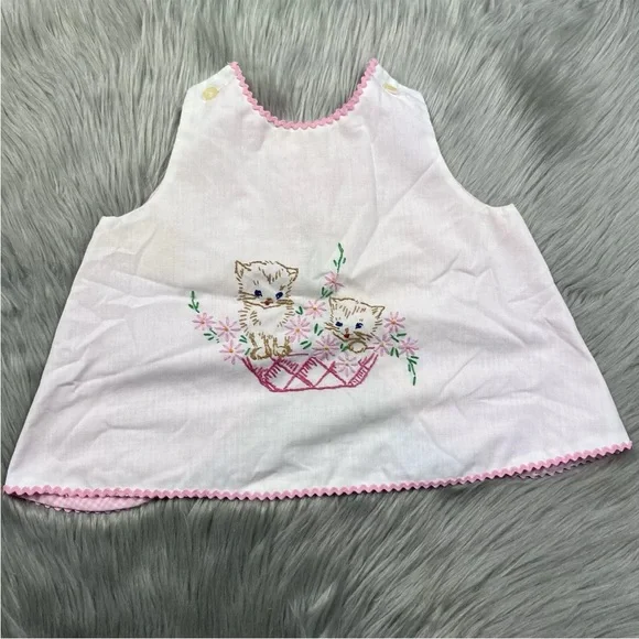 Vintage Handmade Toddler Girls Pink White Apron Top Kitty Cat Embroidery
