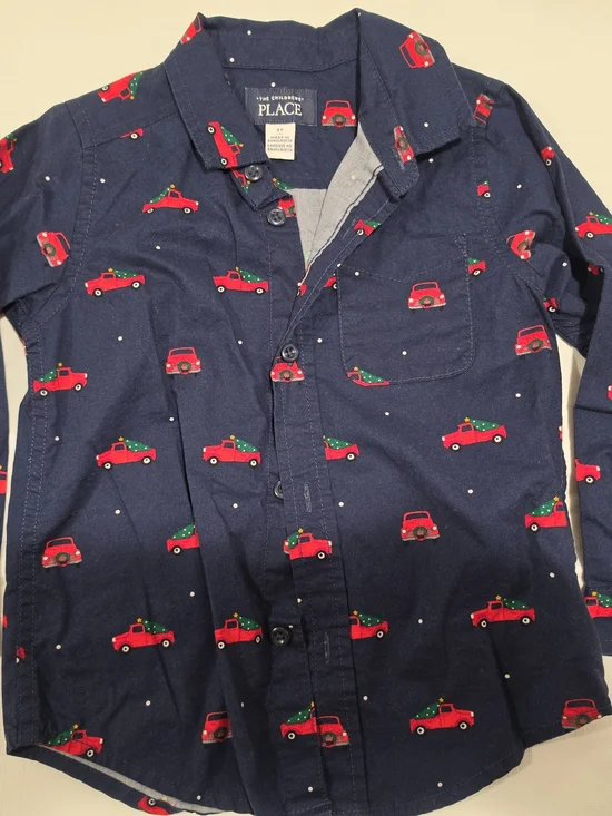 The Children's Place Navy Boys 3T Dress Shirt with Red Truck Pattern