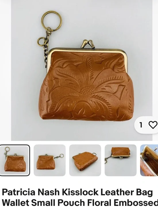 Patricia Nash Tan Floral Embossed Leather Kisslock Coin Wallet with Keyring