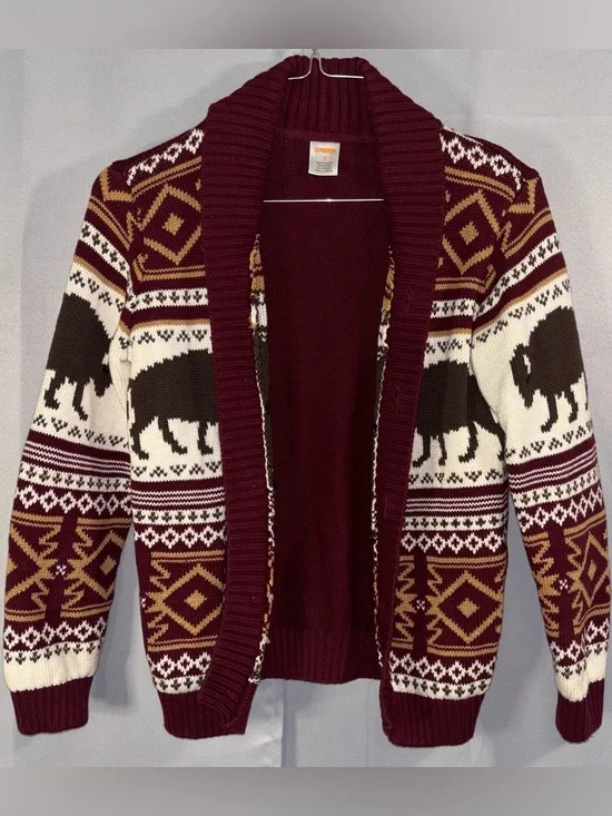 Gymboree Boys Size 8 Bison Fair Isle Shawl Cardigan Sweater Burgundy Cotton