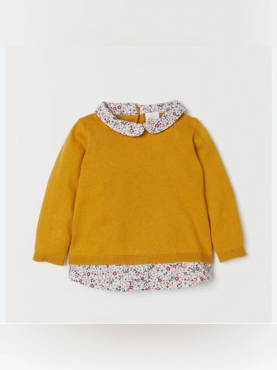 H&M Layered Mustard Sweater with Floral Collar and Shirt Detail