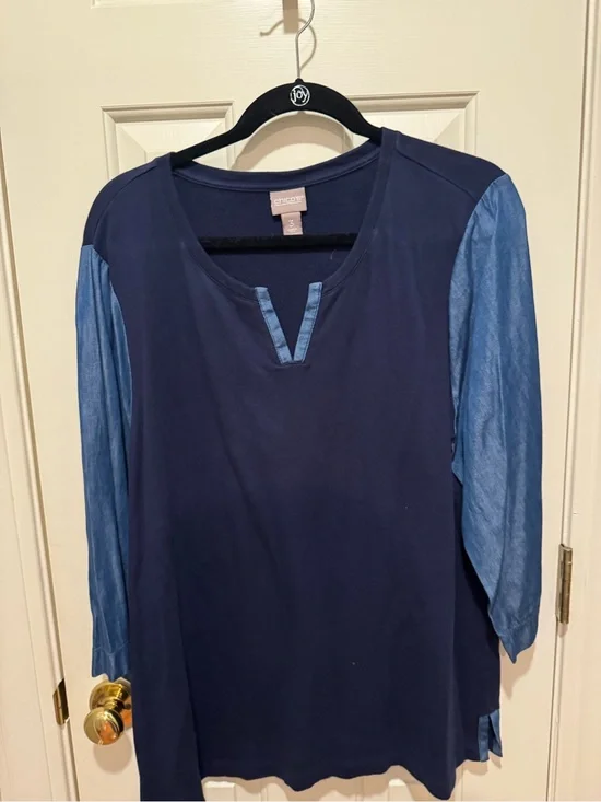 Chico's Navy Top with Light Blue Chambray Sleeves