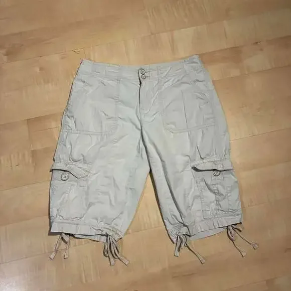 Vintage Y2K Drawstring Cargo Shorts Size 30 Cream Longline Utility