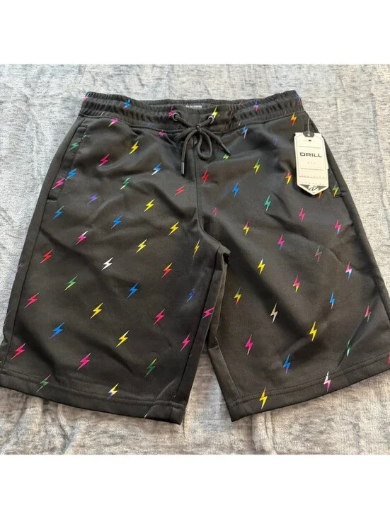DRILL Men's Black Multi Lightning Bolt Athletic Shorts Drawstring Small