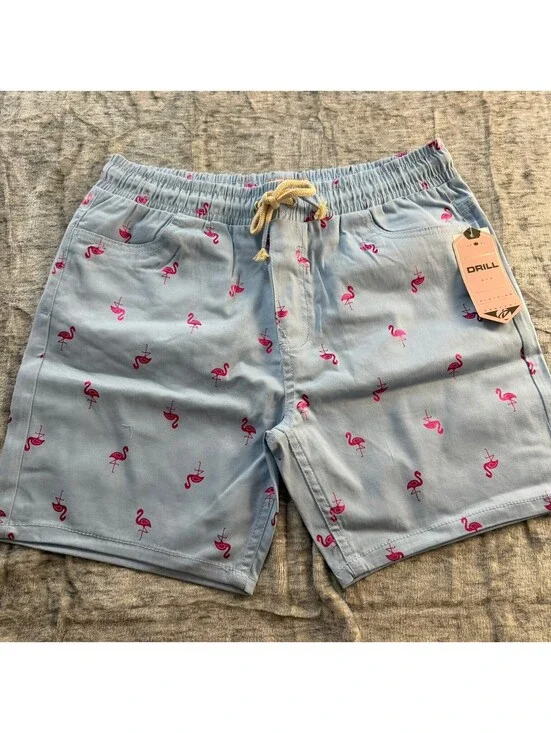 Drill Men's Shorts Large Light Blue Pink Flamingo Print Cotton Spandex