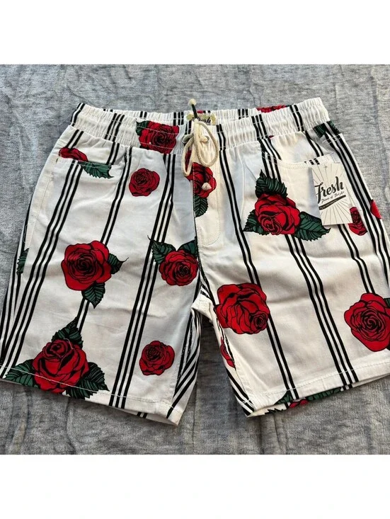 Fresh Prints of Bel-Air Shorts Men's White Large Rose Stripe Cotton Stretch