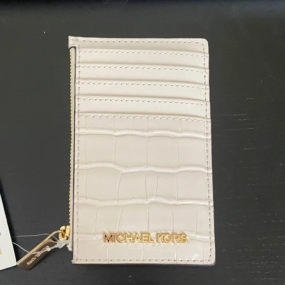 Michael Kors Pale Creme Croc-Embossed Card & Key Holder with Gold Hardware
