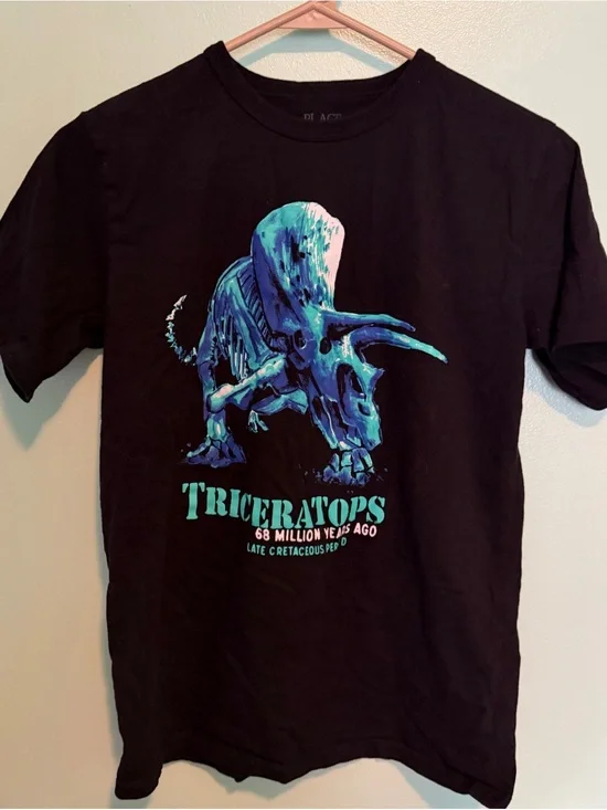 Boys XL The Children's Place Black Tee with Blue-Green Triceratops Graphic