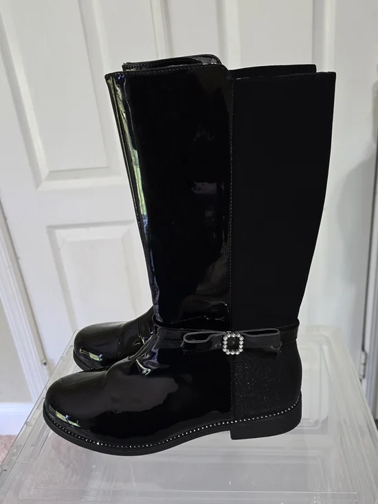 Childrens Place Black Patent Knee-High Boots with Decorative Buckle