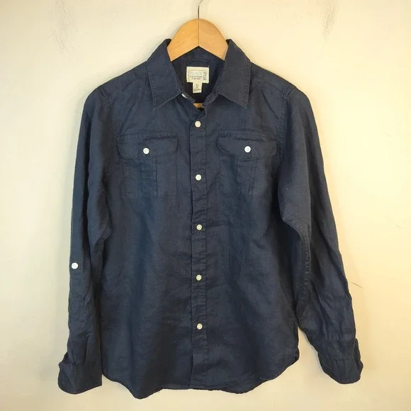 The Children's Place Linen Button Down Shirt‎ Kids Boys XL 14 Tab Sleeve Navy