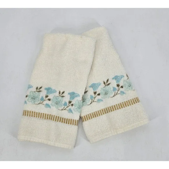 Vintage Cannon Monticello Hand Towels Set of 2 Bluebell Floral Gold MCM Bath