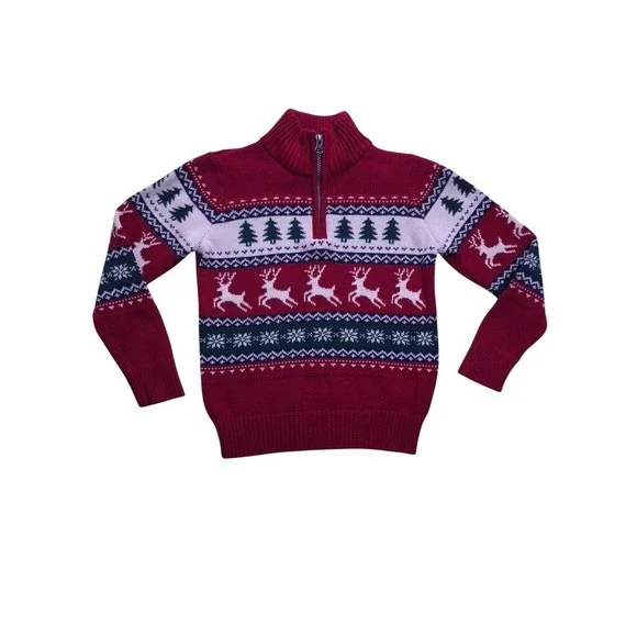 The Children's Place Quarter Zip Sweater Kid S 5/6 Red‎ Fair Isle Holiday