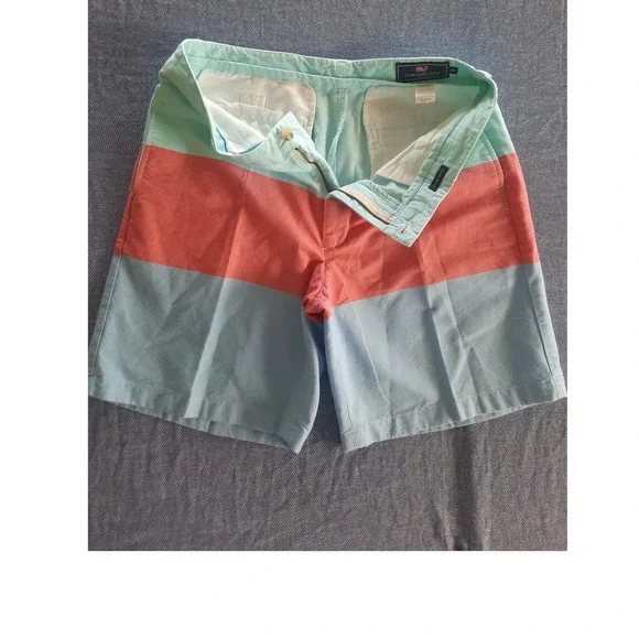 Vineyard Vines Mens Club Short 34x9 Colorblock Knit Mint Pink Blue Cotton Chino