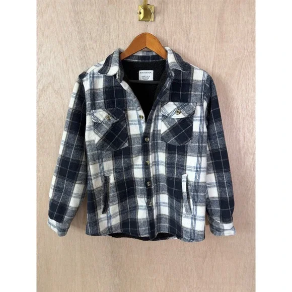 Distortion Boys Blue Plaid Sherpa Lined Button Down Shirt Large 14-16 RN 65933