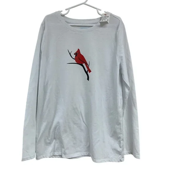 NWT New Hand Printed Girls Large Red Cardinal Bird White Long Sleeve Tee Shirt