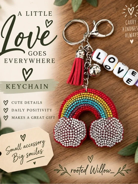 Rainbow Rhinestone Keychain LOVE Beaded Tassel Charm Bag Accessory