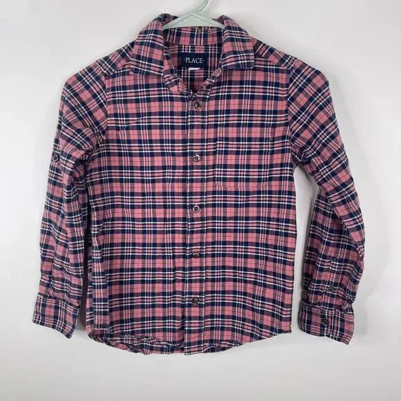 Children's Place Boys Collared Shirt Size 7.8 Plaid Check Long Sleeve‎ Pink