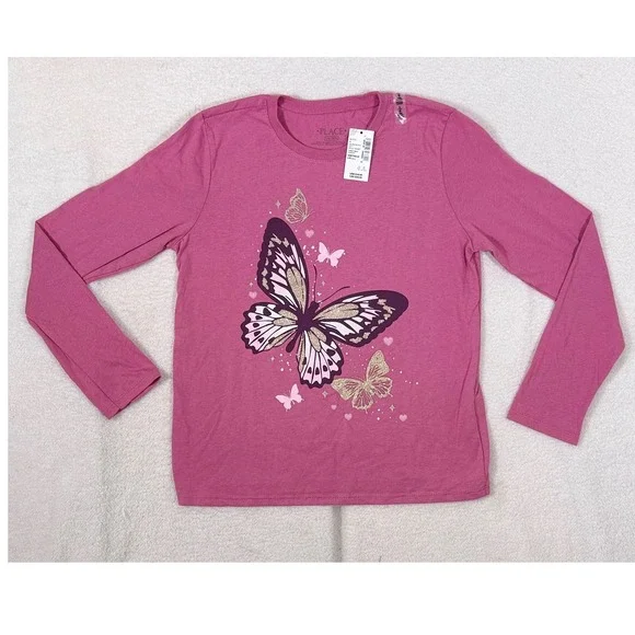NWT The Childrens Place Girls Long Sleeve Butterfly Shirt Large 10/12 Rose Heart