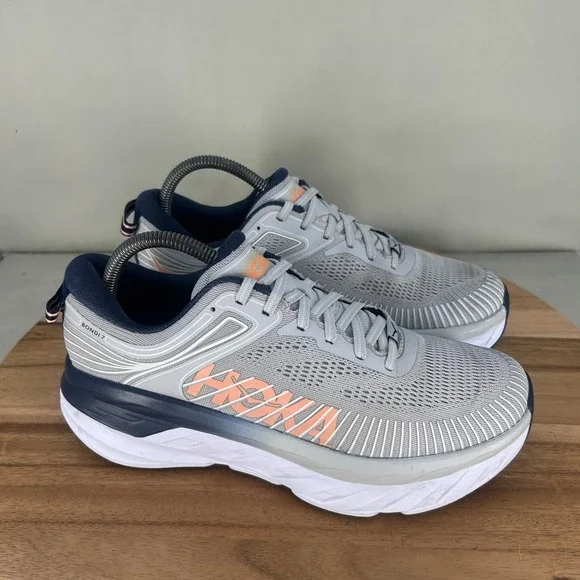 Hoka One One Bondi 7 Womens Size 9 Running Shoes Gray Orange 1110519 LRBI