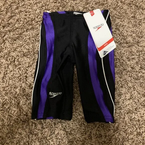 Speedo Racing Long Swim Shorts Size 22 US 3 Black Purple Trim NWOT Drawstring