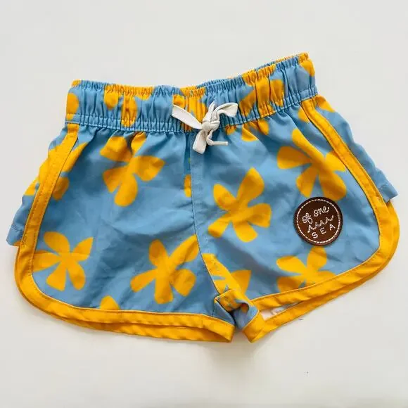 Of One Sea Kids Blue Yellow Floral Board Shorts Size 3/4