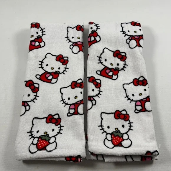 Hello Kitty Sanrio Hand Towel Set of 2 White Red Strawberry Cotton Terry 16x28