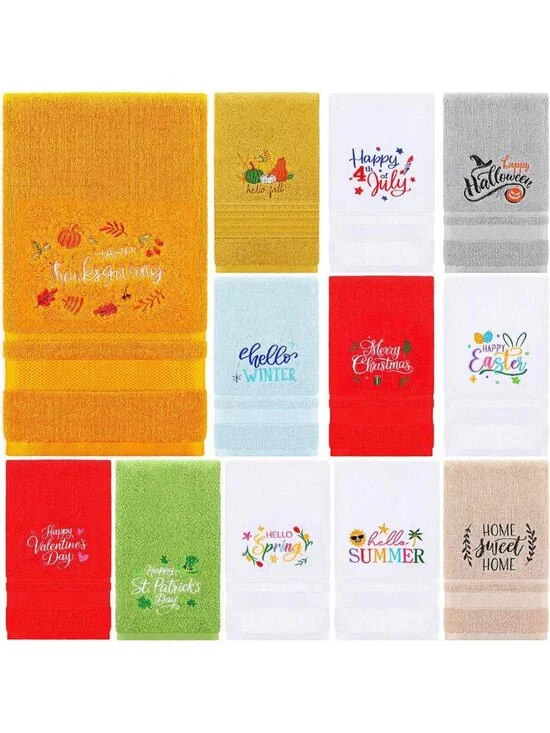 12 Pcs Embroidered Cotton Hand Towels - Seasonal Holiday Bath Towel Set