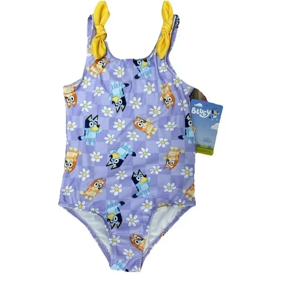 NWT Bluey Girls 5/6 One Piece Swimsuit UPF 50+ Purple Yellow Pool Beach