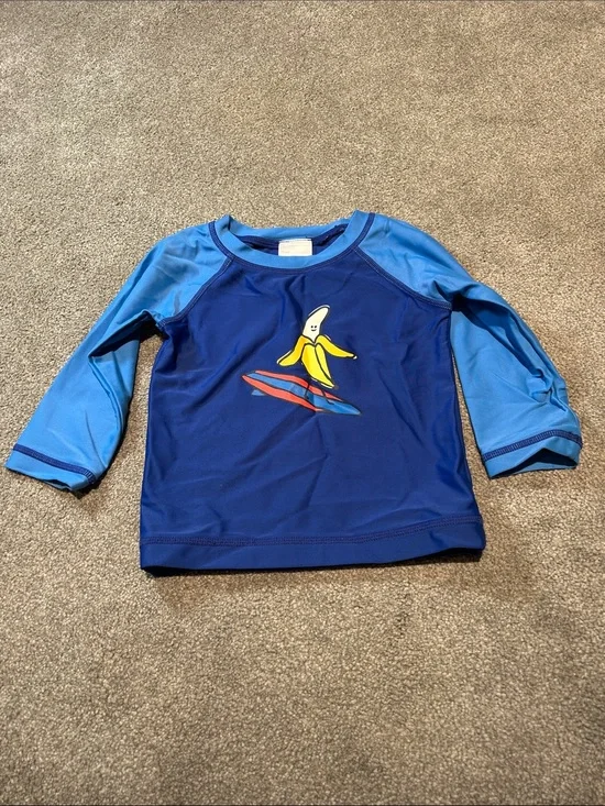 Hanna Andersson Navy and Light Blue Long-Sleeve Rashguard with Surfing Banana