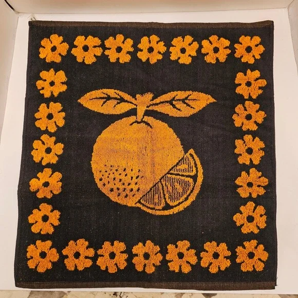 2 Vintage Orange Fruit Floral Cotton Hand Towel Black Orange Made in Portugal 19