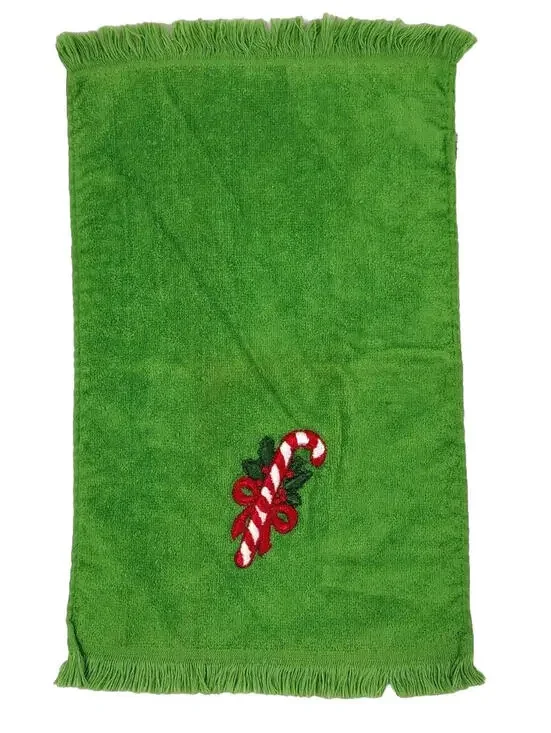 VINTAGE Christmas Towel Fieldcrest CANDY CANE EMBROIDER 1970s Holiday Neon green