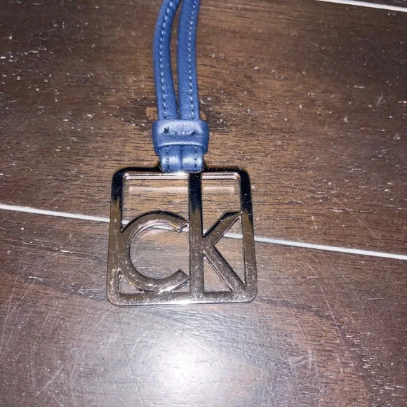 Calvin Klein | CK Logo | Bag Charm | Navy Blue Leather | Silver Square Keychain‎