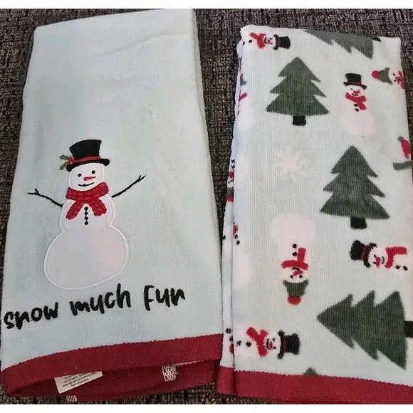 Holiday Time Snow Much Fun Set Of 2 Holiday Hand Towel‎ Snowman Christmas Tree