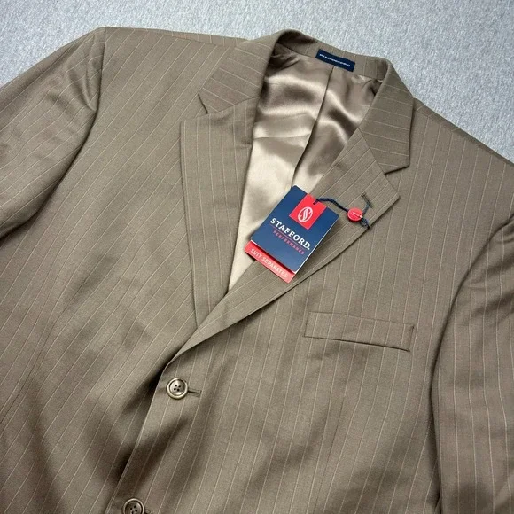 Stafford Performance Classic Fit Worsted‎ Wool Blazer Mens 48R Taupe Striped NEW