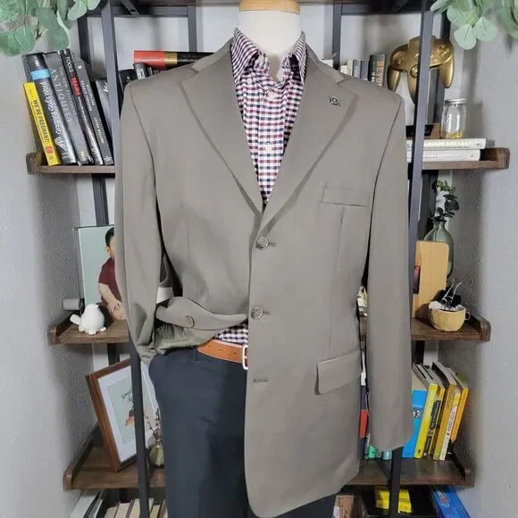 Haggar Men's Sport Coat Blazer Three‎ Button Dark Olive Poly Wool Blend 44L NEW