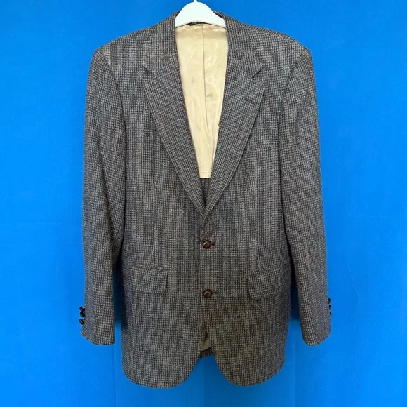 Vintage 1980s Robert Surrey Men's Tweed Gray Wool Blazer Leather Buttons 38R