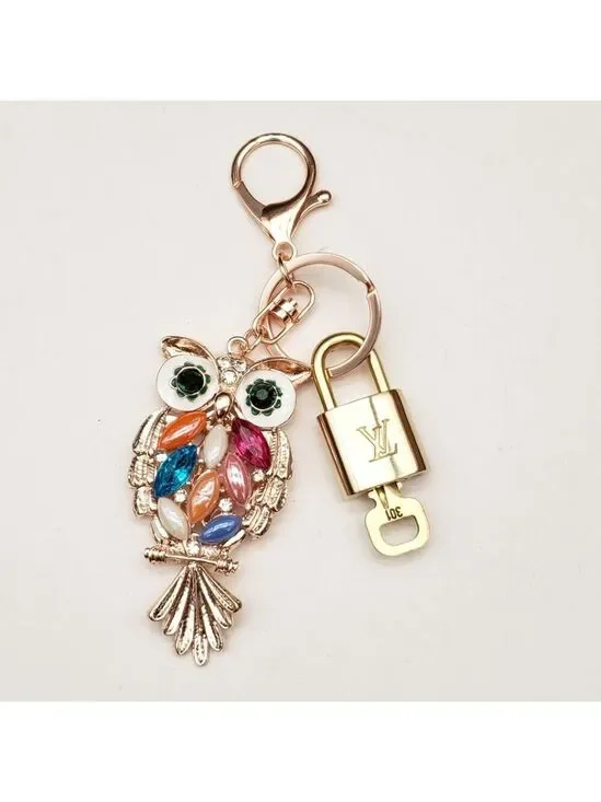 LV Authentic Gold Lock & Key 🔑 Luxury Bag Charm w/ Unbranded Owl Keychain