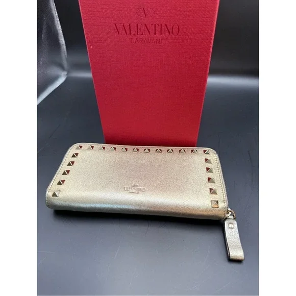 Valentino Garavani Metallic Gold Rockstud Zip-Around‎ Wallet