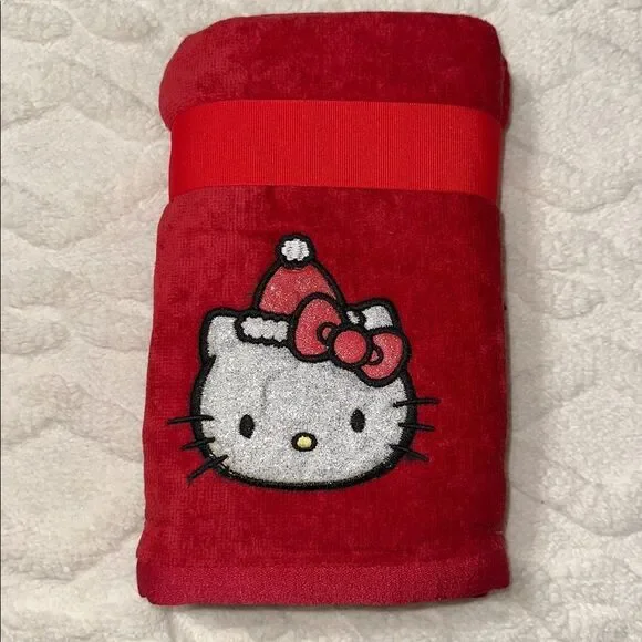 Hello Kitty 2 Pack Red Silver Metallic Black Christmas Hand Towels Bow Wrap
