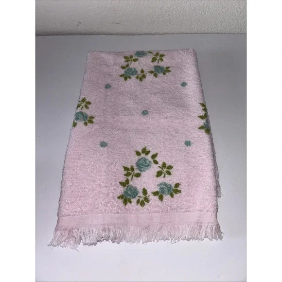 Vintage Cannon Hand Towel Floral Pink Fringe Border