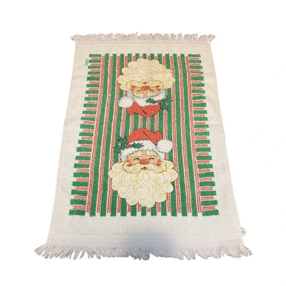 Vintage Santa Christmas candy stripe hand towel green red USA MCM‎ Cotton