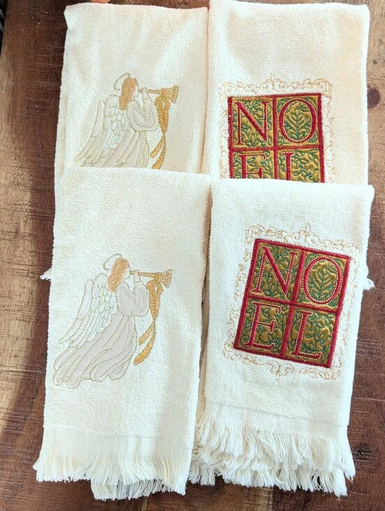 Christmas Hand Towels Embroidered Fringed Vintage Noel Angels Set of 4