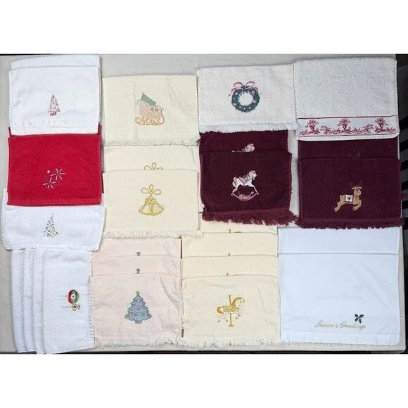 Lot of 28 Cotton Embroidered Fingertip Towels & Washcloths, Mostly Christmas