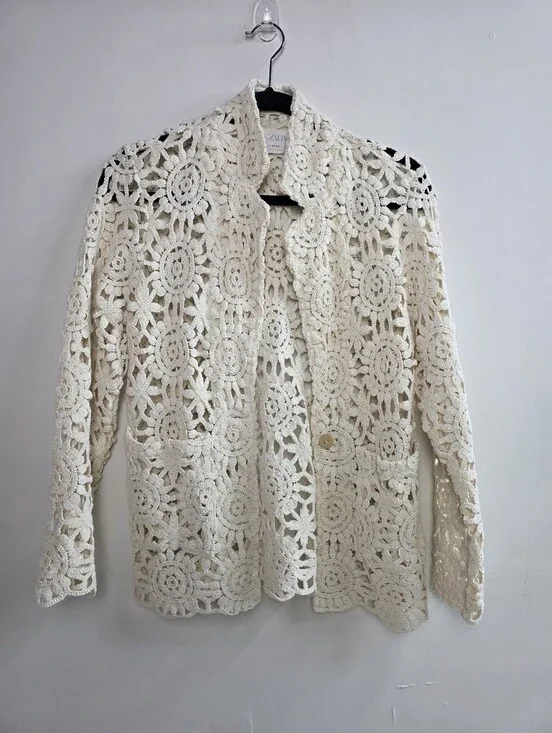 Zara Cream Crochet Knit Cardigan Openwork Blazer Girls 11/12