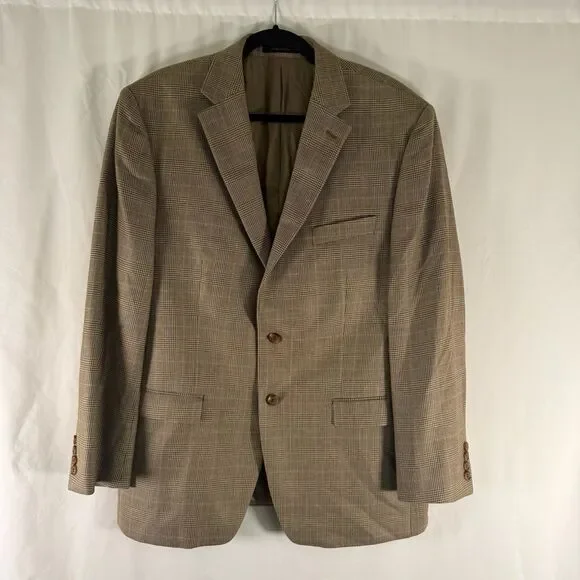 Lauren Ralph Lauren Silk Wool Blazer Men's 44R Beige Plaid 2 Button Front Pocket